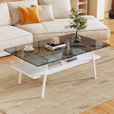 Eruule Rectangle Coffee Table, Tempered Glass Tabletop With White Metal Legs, Modern Table For Living Room,