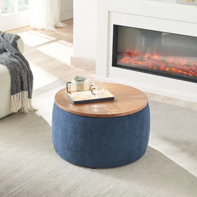 Eruule Round Storage Ottoman; 2 In 1 Function; Work As End Table And Ottoman; Navy