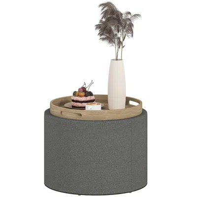 Eruule Round Storage Ottoman Coffee Table With Flip Top Tray, Linen Fabric Upholstered Footstool With Hidde