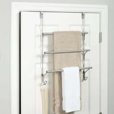 Eruule Snugfit Over-the-door 3-tier Towel Bar With 2 Hooks, Satin Nickel In Silver