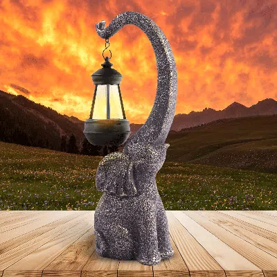 Eruule Solar Elephant Statue, Outdoor Garden Resin Elephant Sculpture, Art Ornament With Solar Led Lights, 