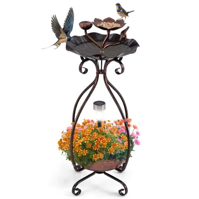 Eruule Solar Outdoor Bird Bath Feeder Combo With Flower Planter Pedestal And Solar Lights