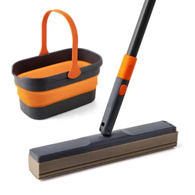 Eruule Sponge Mop Kit And Collapsible Bucket, Mop And Bucket For Floor Cleaning, Hands Free Home Floor Clea In Orange