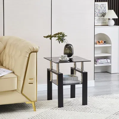 Eruule Tempered Black Glass Sofa Table, 2-layers End Table With Storage, Living Room Side Table