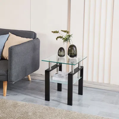 Eruule Tempered Transparent Glass End Table, 2-layers Small Table With Storage, Living Room Side Table