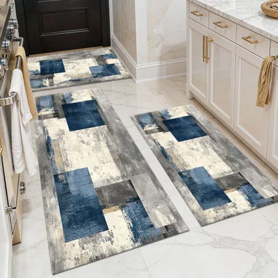 Eruule Three-piece Kitchen Rug Set, Non-slip And Washable, Abstract Pattern Kitchen Hallway Rug, Soft And C In Blue