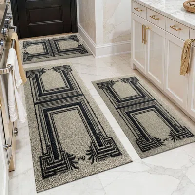 Eruule Three-piece Kitchen Rug Set, Non-slip And Washable, Abstract Pattern Kitchen Hallway Rug, Soft And C In Black