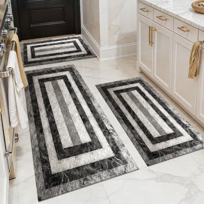Eruule Three-piece Kitchen Rug Set, Non-slip And Washable, Abstract Pattern Kitchen Hallway Rug, Soft And C In Black