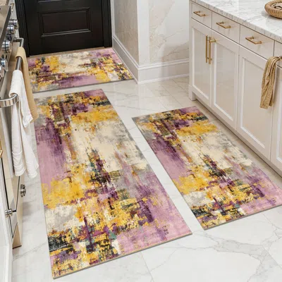 Eruule Three-piece Kitchen Rug Set, Non-slip And Washable, Abstract Pattern Kitchen Hallway Rug, Soft And C In Pink