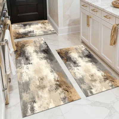 Eruule Three-piece Kitchen Rug Set, Non-slip And Washable, Abstract Pattern Kitchen Hallway Rug, Soft And C In Gold