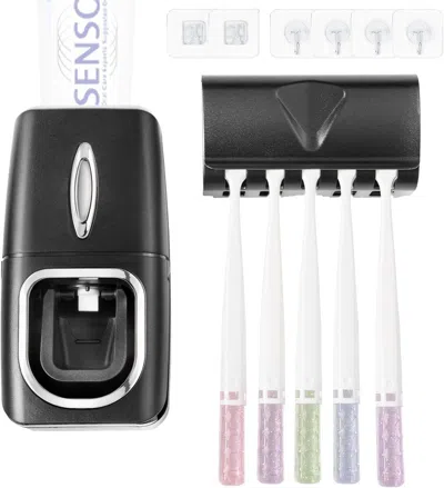 Eruule Toothbrush Holder And Toothpaste Dispenser Set, Automatic Toothpaste Squeezer Dispenser, Dispenser T In Black