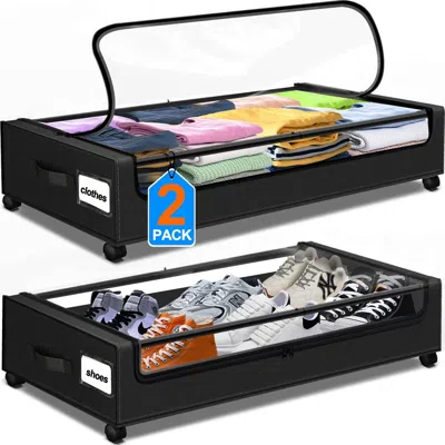 Eruule Under Bed Storage With Wheels, 2 Pack Under Bed Storage Containers With Clear Lids Dividers, Underbe In Black