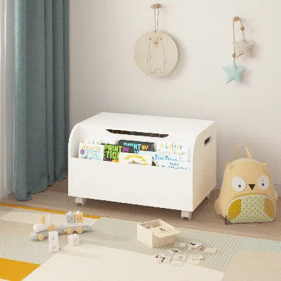 Eruule Wooden Toy Box With 4 Universal Wheels, Kids Toy Storage Organizer With Front Bookshelf, Flip-top Li