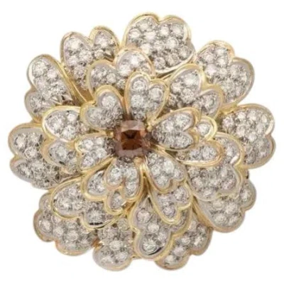 Pre-owned Erwin Pearl Flower Brooch In 18k Gold & Platinum With Diamonds In Multi