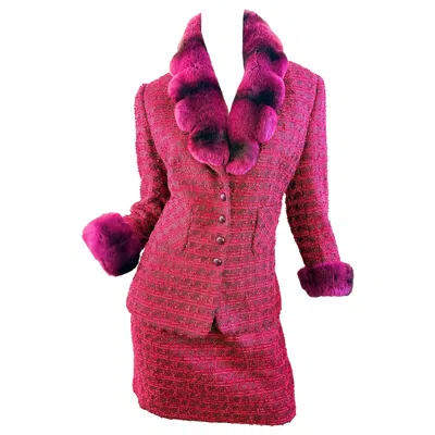 Pre-owned Escada 1990s 90s  Size 10 Red Tweed Skirt Suit Detachable Rabbit Fur Vintage 90s