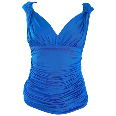 Pre-owned Escada 1990s  Cerulean Blue Flattering Ruched Jersey Criss Cross Back Vintage Top