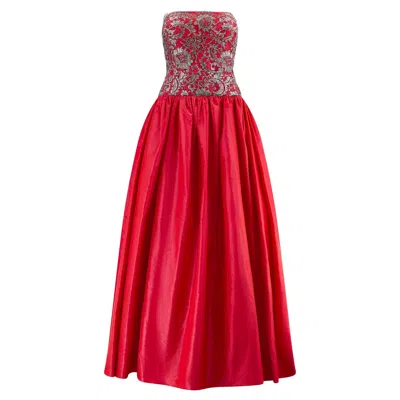 Pre-owned Escada 1990s  Couture Red Silk Taffeta And Metallic Lace Gown