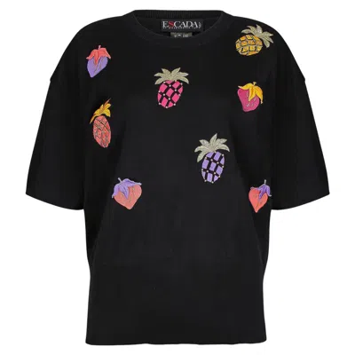 Pre-owned Escada 1990s  Navy Embroidered Fruit Salad Top In Blue