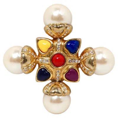 Pre-owned Escada 1990s Multicolor Cross Pearl Gold-tone Brooch