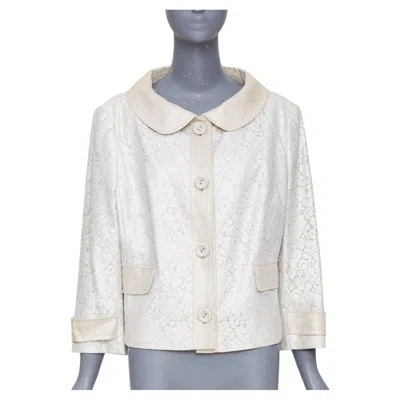 Pre-owned Escada 1990s Vintage Beige Silver Metallic Lace Peter Pan Collar Jacket It44 L In Brown