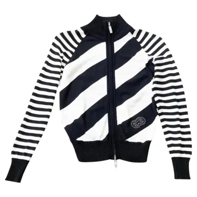 Pre-owned Escada 2000s  Black White Stripe Cotton Knitwear Cardigan