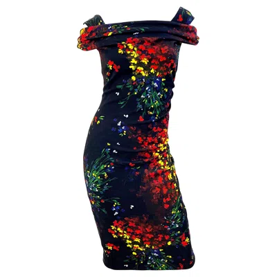 Pre-owned Escada 2000s Size 38 / 8 Black Colorful Flower Watercolor Cold Shoulder Dress