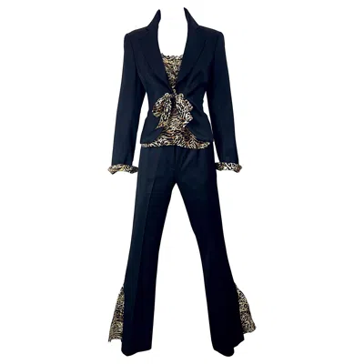 Pre-owned Escada 2000s Three Piece Size 38 Leopard Cheetah Print Pants Blouse Blazer Suit In Black
