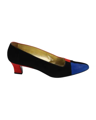 Pre-owned Escada 80s Color Block Court Heels In Multicolor Suede In Black