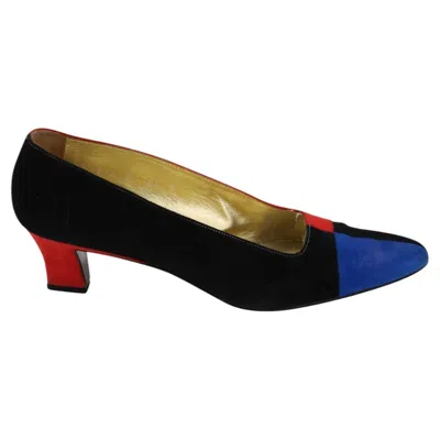 Pre-owned Escada 80s Color Block Court Heels In Multicolor Suede In Black