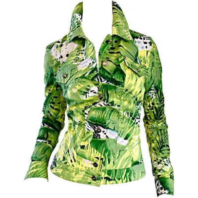 Pre-owned Escada Amazing New  Green + White ' Palm Trees ' White Denim Jacket