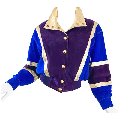 Pre-owned Escada Amazing Vintage  By Margaretha Ley Leather Suede Color Block Bomber Jacket In Purple