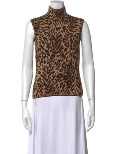 Pre-owned Escada Animal Print Turtleneck Top W/ Tags In Brown