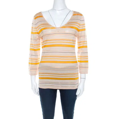 Escada Beige And Orange Stripes Knit Long Sleeve Top In White