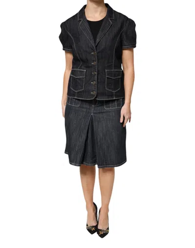 Pre-owned Escada Black Cotton Blend Denim Top Skirt Casual Women's Set ()