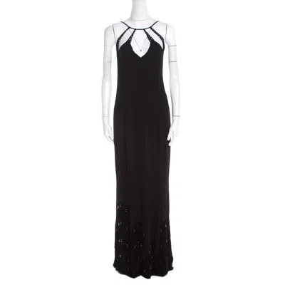 Escada Black Crepe Silk Sequin Embellished Fringed Hem Evening Dress