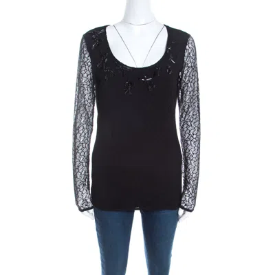 Escada Black Lace Overlay Jersey Crystal Embellished Scoop Neck Erbrou Top In Blue