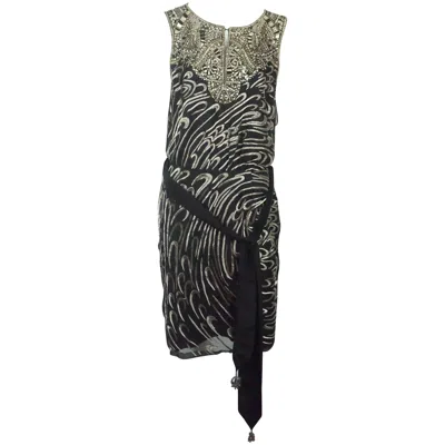 Pre-owned Escada Black Silk Heavily Silver Beaded Sleeveless Evening Dress - 36