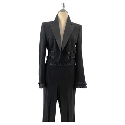Pre-owned Escada Black Suit Blazer Trousers Wool Silk Ruffles Pink Lining