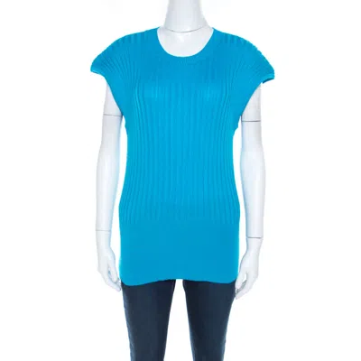 Escada Blue Cotton Ribbed Knit Crew Neck Top