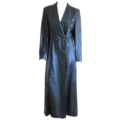 Pre-owned Escada Blue Leather Maxi Coat Overcoat Size 38 1990s New With Tags Metallic