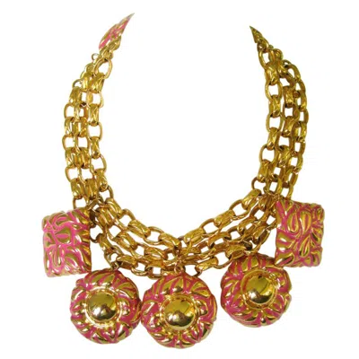 Pre-owned Escada Charm Bib Necklace Pink & Gold 1980s