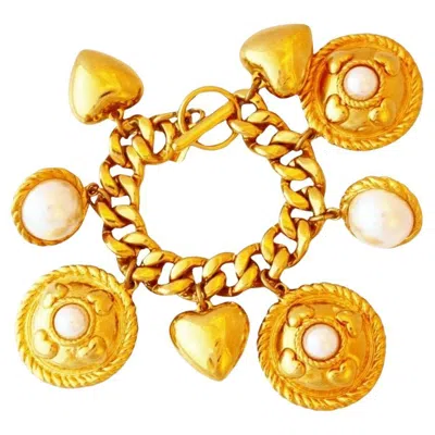 Pre-owned Escada Chunky Gold Toggle Charm Bracelet With Pearl & Heart Motif By , 1980s In Multi