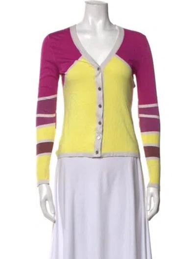 Pre-owned Escada Colorblock Pattern V-neck Sweater In Purple/yellow