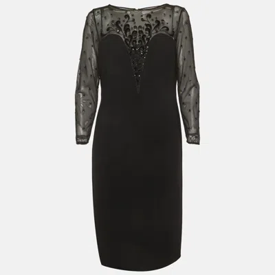 Pre-owned Escada Couture Black Bead Embellished Lace And Wool Crepe Dress L