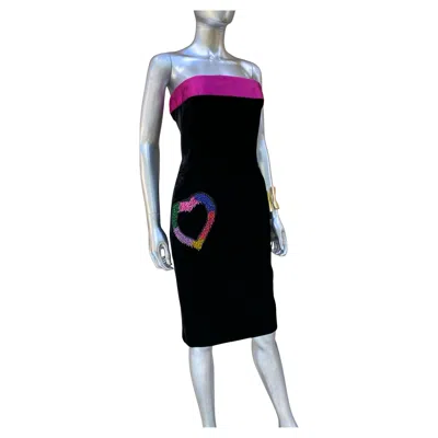 Pre-owned Escada Couture Black Velvet Fuchsia Satin “love” Cocktail Dress Size 36