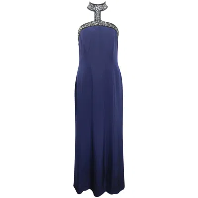 Pre-owned Escada Couture Dark Blue Choker Neck With Sequins/beads Mermaid Silk Nightgown