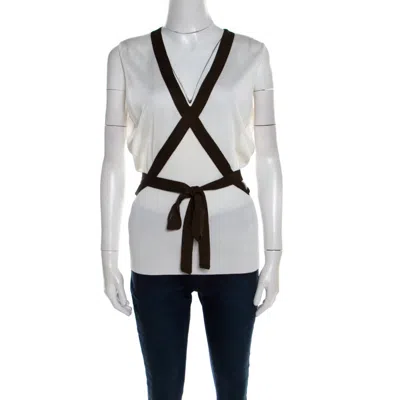 Escada Cream Knit Contrast Tie Up Trim Sleeveless Top In White