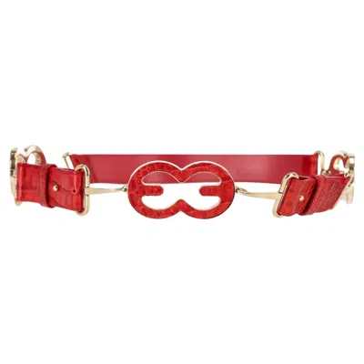 Pre-owned Escada Croc Embossed Leather Triple-buckle Belt In Red