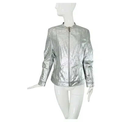 Pre-owned Escada Distressed Silver Metallic Leather Band Collar Zipper Front Jacket 42