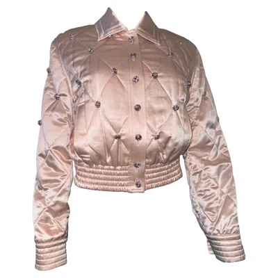 Pre-owned Escada Early 2000s Crystal-embellished Quilted Silk-wool Bomber Jacket In Brown